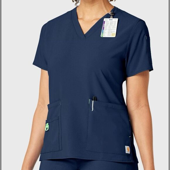 Brand New Carhartt Women's Medium Navy Blue V Neck Force Cross Flex Scrub Top M - Picture 1 of 7